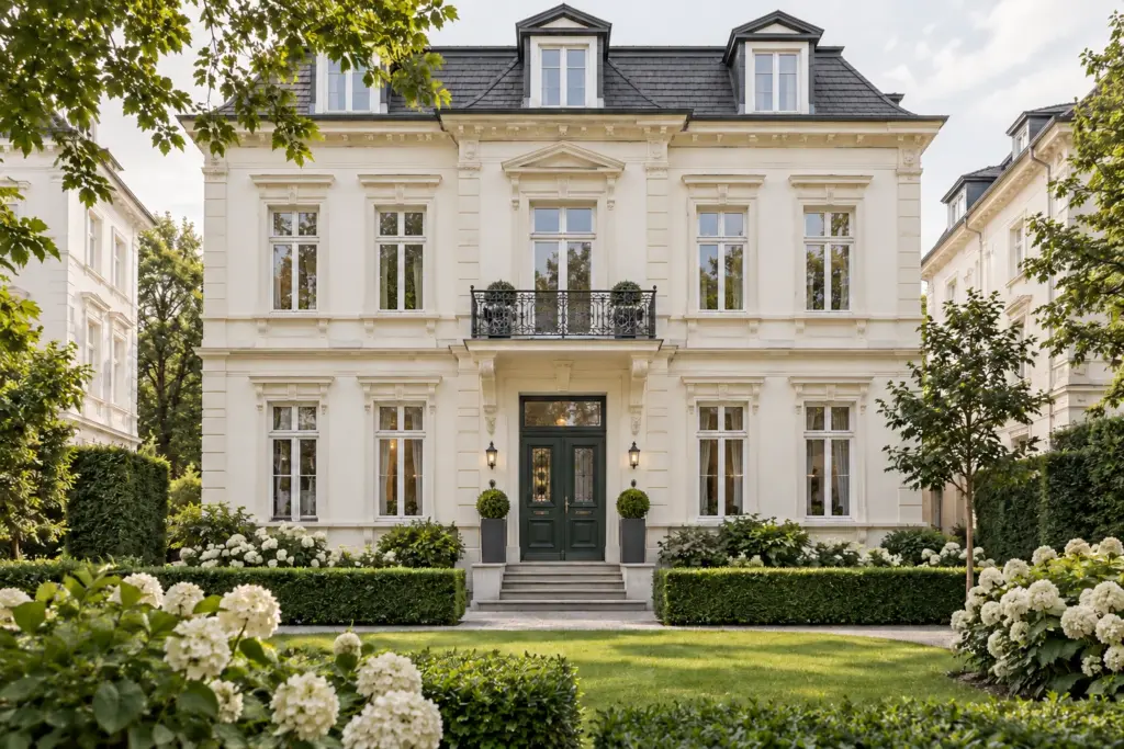 Illustratives Hamburger Stadthaus im Morgenlicht